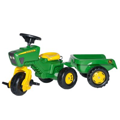 Trator de brinquedo verde e amarelo com reboque e texto John Deere