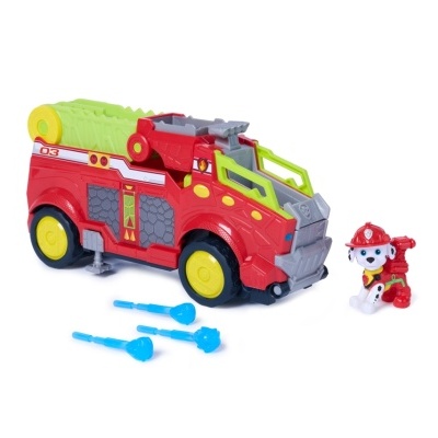 Carro de bombeiros de brinquedo vermelho com figura de cão bombeiro e projéteis azuis