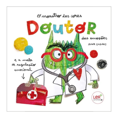 Capa de livro infantil com monstro verde com jaleco e mala vermelha
