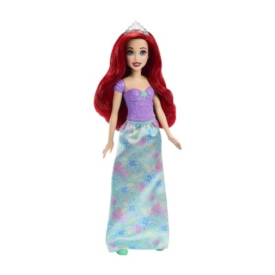 Boneca de princesa com vestido floral azul e corpete roxo.