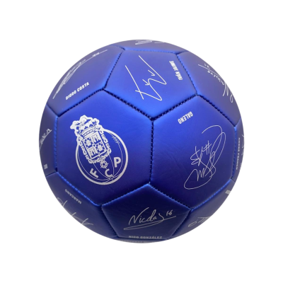 Bola azul de futebol do FC Porto com logótipo e assinaturas brancas