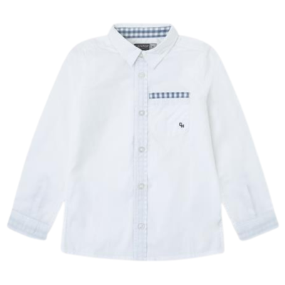 Camisa branca de criança com bolso e detalhes xadrez azul