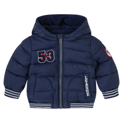 Casaco infantil azul escuro acolchoado com capuz e fecho