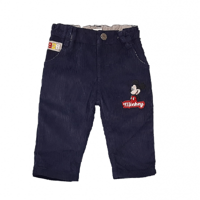 Calças de veludo cotelê azul escuro para criança com bordado do Mickey