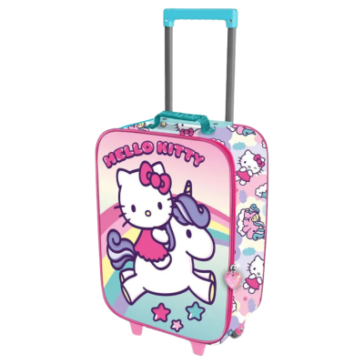 Mala de viagem infantil Hello Kitty com desenho de unicórnio e cores pastel