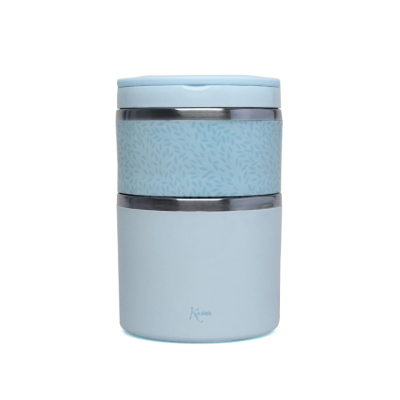 Recipiente térmico azul claro com padrão de folhas e detalhes em inox.