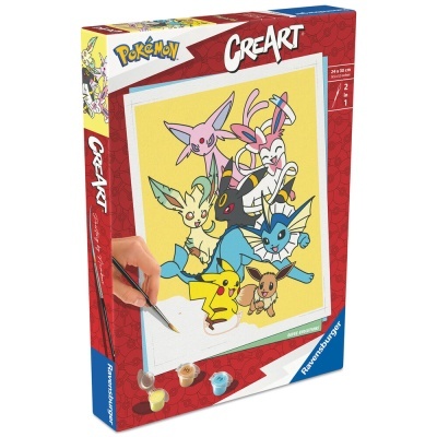 Kit de pintura Pokémon Creart com personagens Pikachu e Eevee e evoluções em fundo amarelo