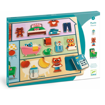 Puzzle educativo de madeira com peças coloridas em forma de casa