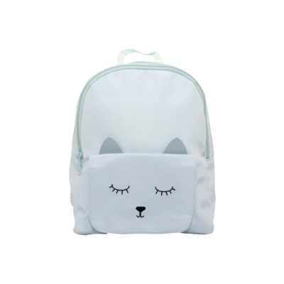 Mochila infantil branca com desenho de rosto de gato no bolso frontal
