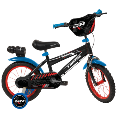 Bicicleta infantil preta com detalhes vermelhos e azuis, com rodinhas de apoio e texto TOIMSA, SPORT e SR.