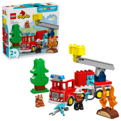 Conjunto LEGO Duplo com camião de bombeiros, bombeiro, árvore, esquilo e fogo