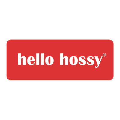 Logotipo com texto hello hossy® em retângulo vermelho