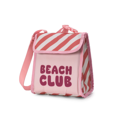 Mala térmica rosa com padrão às riscas e texto Beach Club