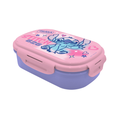 Caixa de plástico para lanche com tampa rosa decorada e corpo roxo.