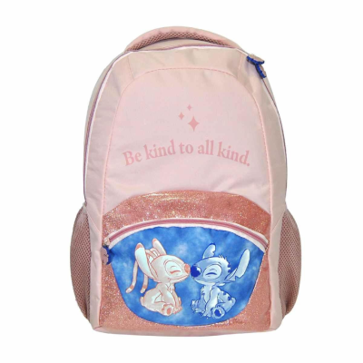 Mochila rosa com bolso azul e rosa brilhante com Bambi e Stitch e texto 'Be kind to all kind.'