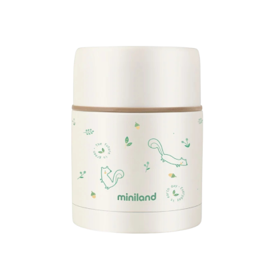 Garrafa térmica branca com estampas verdes de esquilos, folhas e bolotas, texto miniland