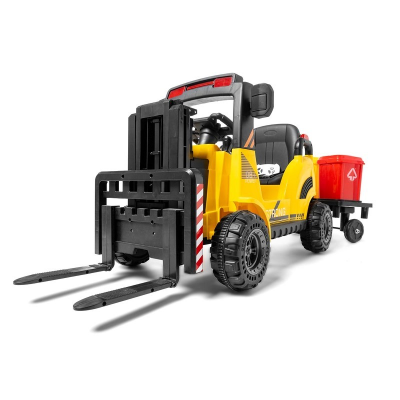 Carrinho de brinquedo empilhador amarelo com contentor vermelho