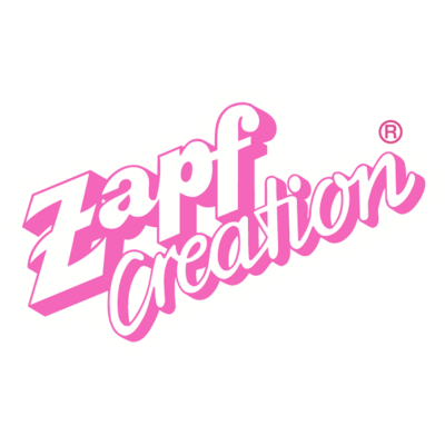 Logótipo cor-de-rosa e branco com texto Zapf creation e símbolo de marca registada