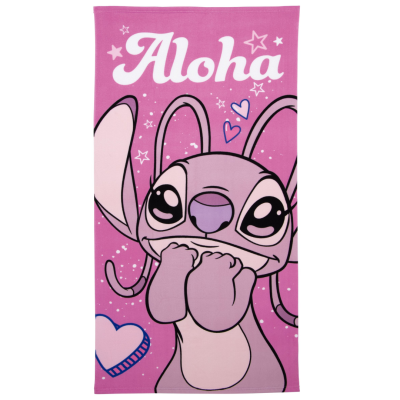 Toalha rosa com estampa de personagem cartoonesco Stitch e palavra Aloha