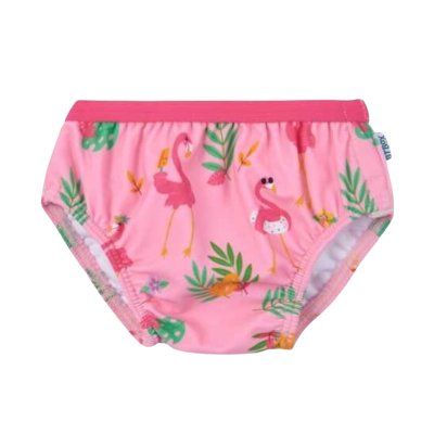 Fralda de piscina cor-de-rosa com padrão de flamingos e folhas verdes e amarelas.