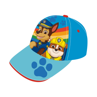 Boné infantil azul com personagens de desenho animado em uniforme e padrão de patas