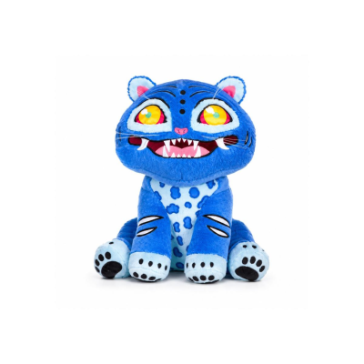 Pelúcia de tigre azul com olhos grandes e padrão manchado.