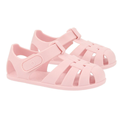 Sapatos tipo sandálias cor-de-rosa em material plástico com fecho em velcro