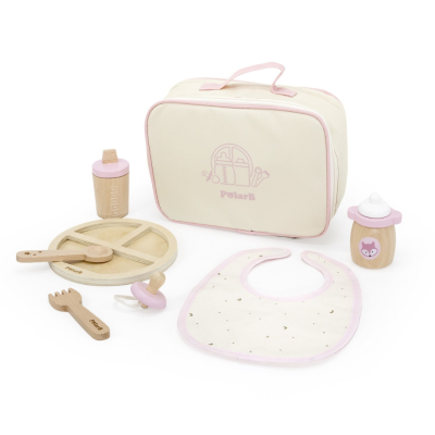Conjunto de alimentação para bebé com saco transporte creme e rosa, prato, talheres, biberão, chupeta e babete.