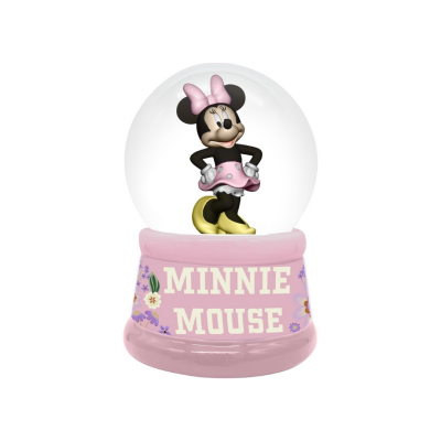 Globo de neve com Minnie Mouse vestida de rosa e base rosa com texto e flores