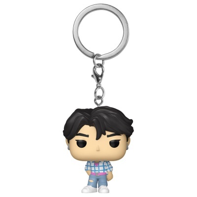 Chaveiro Funko Pop personagem cabelo preto camisa quadriculada azul e branca calças rasgadas azul sapatos brancos