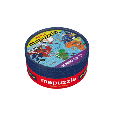 Caixa redonda azul e vermelha de puzzle com mapa mundi colorido