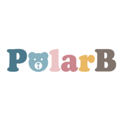 Logotipo colorido com a palavra PolarB e um rosto de urso como letra o