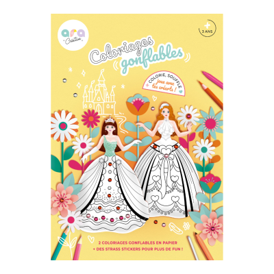 Livro de colorir com princesas e flores em fundo amarelo