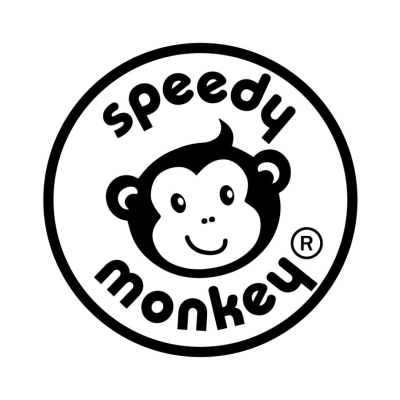 Logótipo circular preto e branco com um macaco e texto speedy monkey