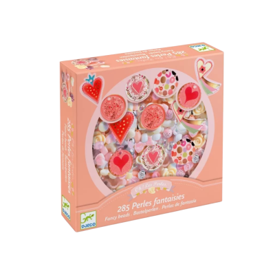 Caixa de material para bijutaria DJECO com pérolas rosas e vermelhas em formatos de corações