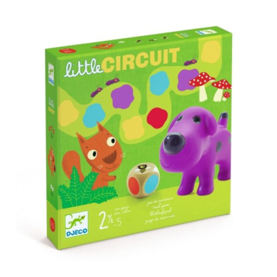 Embalagem verde de jogo infantil little CIRCUIT com cão roxo e dado colorido