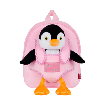 Mochila rosa com peluche de pinguim e texto Be my friend.