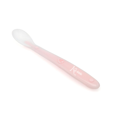 Colher para bebé rosa claro em plástico com texto Kikid's.