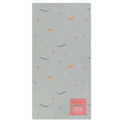 Toalha cinza claro com padrões de animais e etiqueta rosa JUNGLE FRIENDS