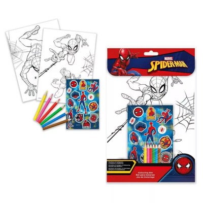 Conjunto de desenho Spider-Man com lápis de cor, folhas para colorir e autocolantes em embalagem azul e vermelha