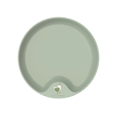 Prato redondo verde claro com divisória e ilustração de galinha.