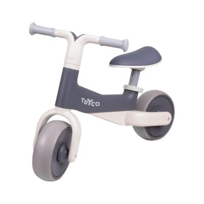Balance bike infantil cinza e branco com assento acolchoado e guiador
