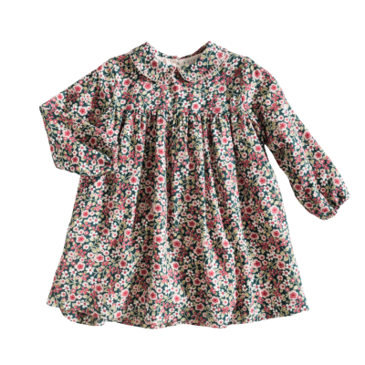 Vestido infantil floral de manga comprida com gola redonda