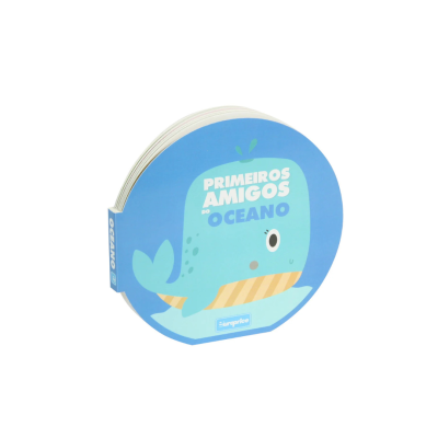 Livro infantil redondo azul com baleia e texto PRIMEIROS AMIGOS DO OCEANO