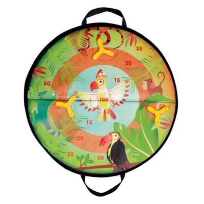 alvo redondo colorido com desenhos de animais e números de pontuação