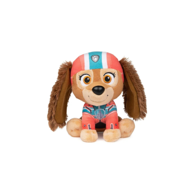 Pelúcia de cão com fato e capacete coloridos.