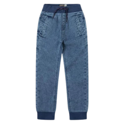 Calças azuis estilo jeans com cintura e punhos elásticos