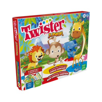 Embalagem do jogo Twister Junior com desenhos de animais e texto nas línguas espanhol e português.