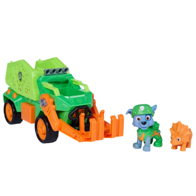Brinquedo de construção com veículo verde e laranja e duas figuras, cão azul e dinossauro laranja em plástico