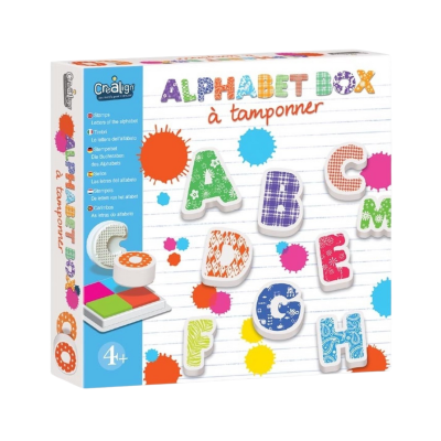 Caixa do jogo ALPHABET BOX à tamponner com letras do alfabeto coloridas e almofadas de tinta